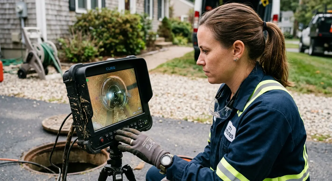 Technician reviewing sewer camera inspection footage in Montrose-Ghent