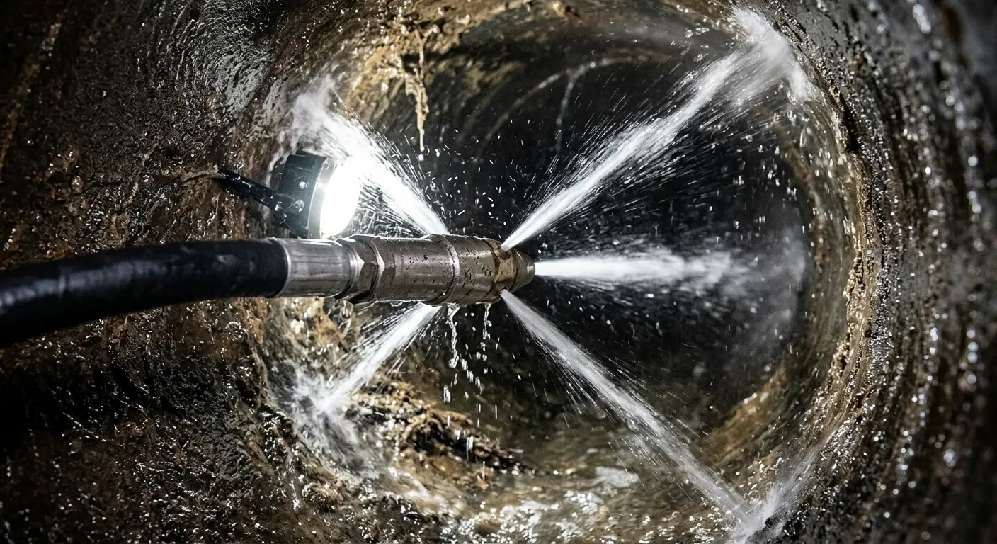 High-pressure hydro jetting nozzle cleaning sewer pipe for Emergency Drain Service in Montrose-Ghent