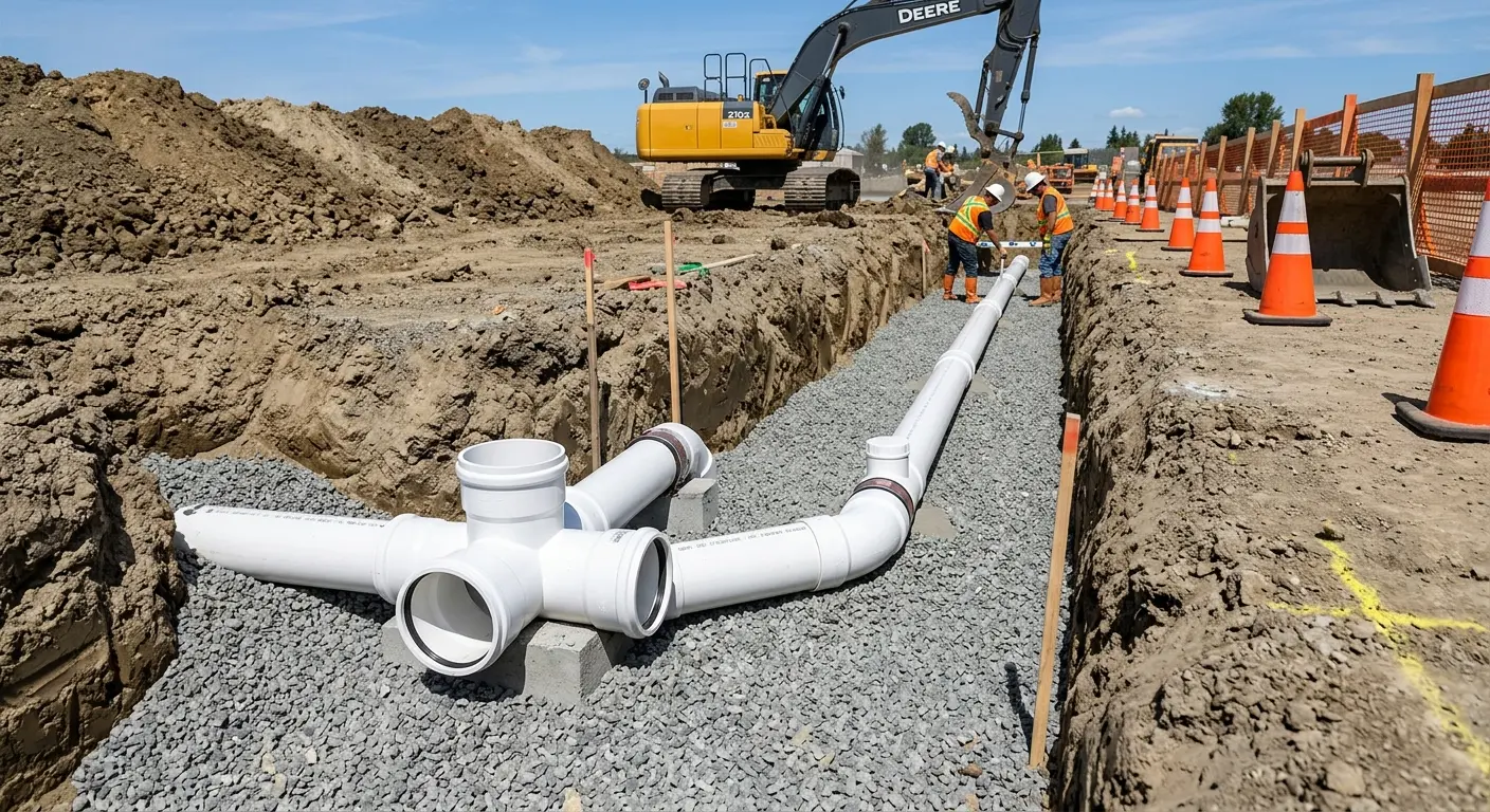 New PVC sewer pipe installation in open trench for Sewer Backup in Montrose-Ghent