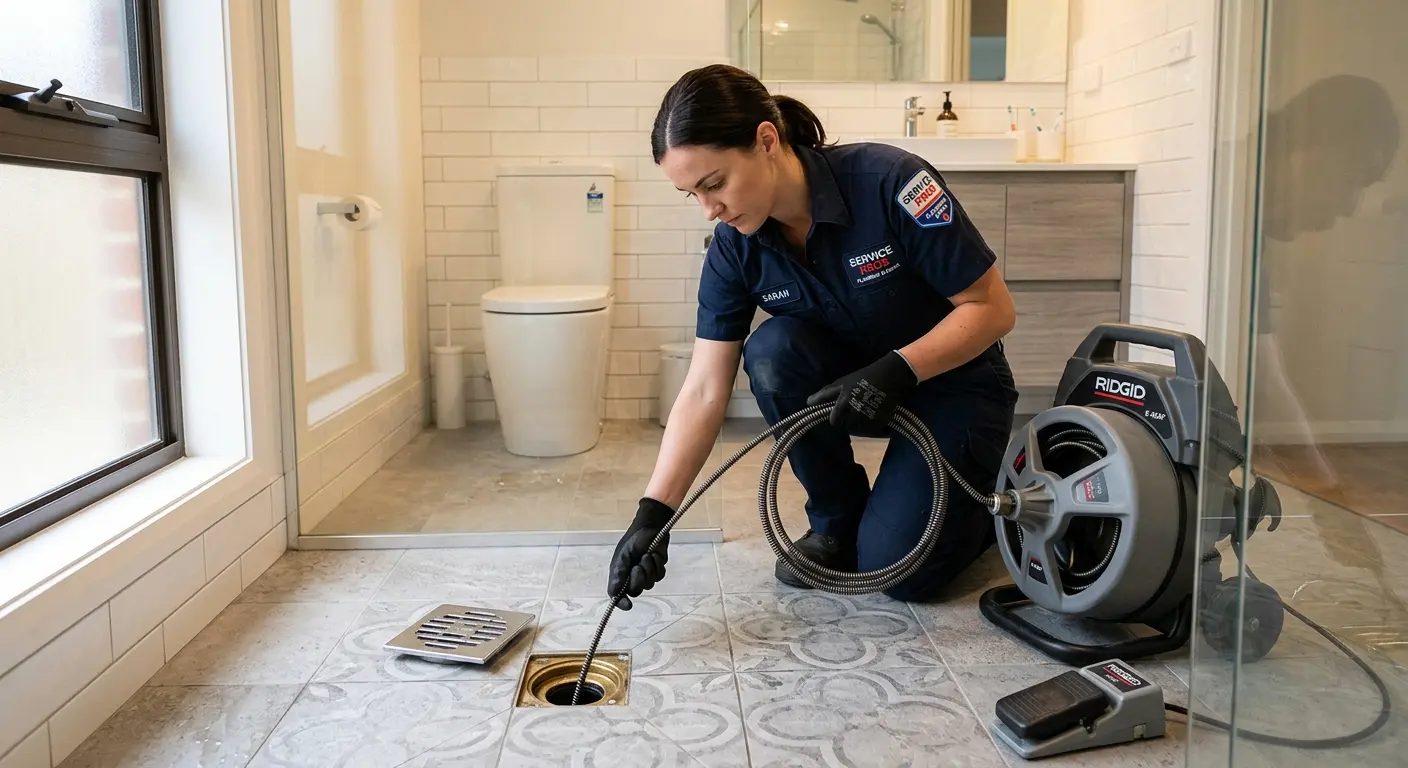 Technician clearing a bathroom floor drain for Drain Cleaning in Montrose-Ghent